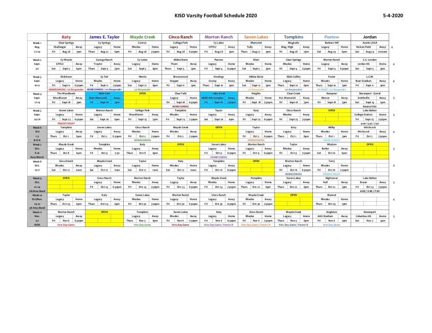 Katy ISD releases 2020 varsity football schedules 281 SPORTS UNLIMITED